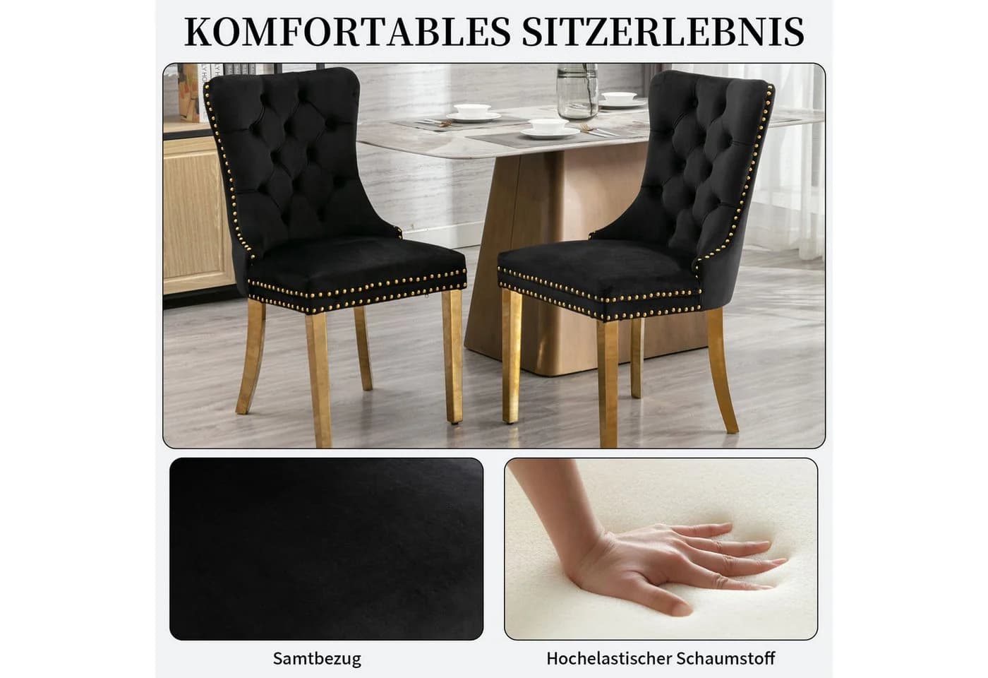 SeedWave Esszimmerstuhl 2er Set Schwarz/Gold Samt mit Ziernieten - Bild 4