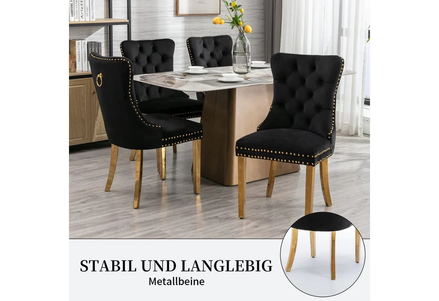 SeedWave Esszimmerstuhl 2er Set Schwarz/Gold Samt mit Ziernieten - Bild 5