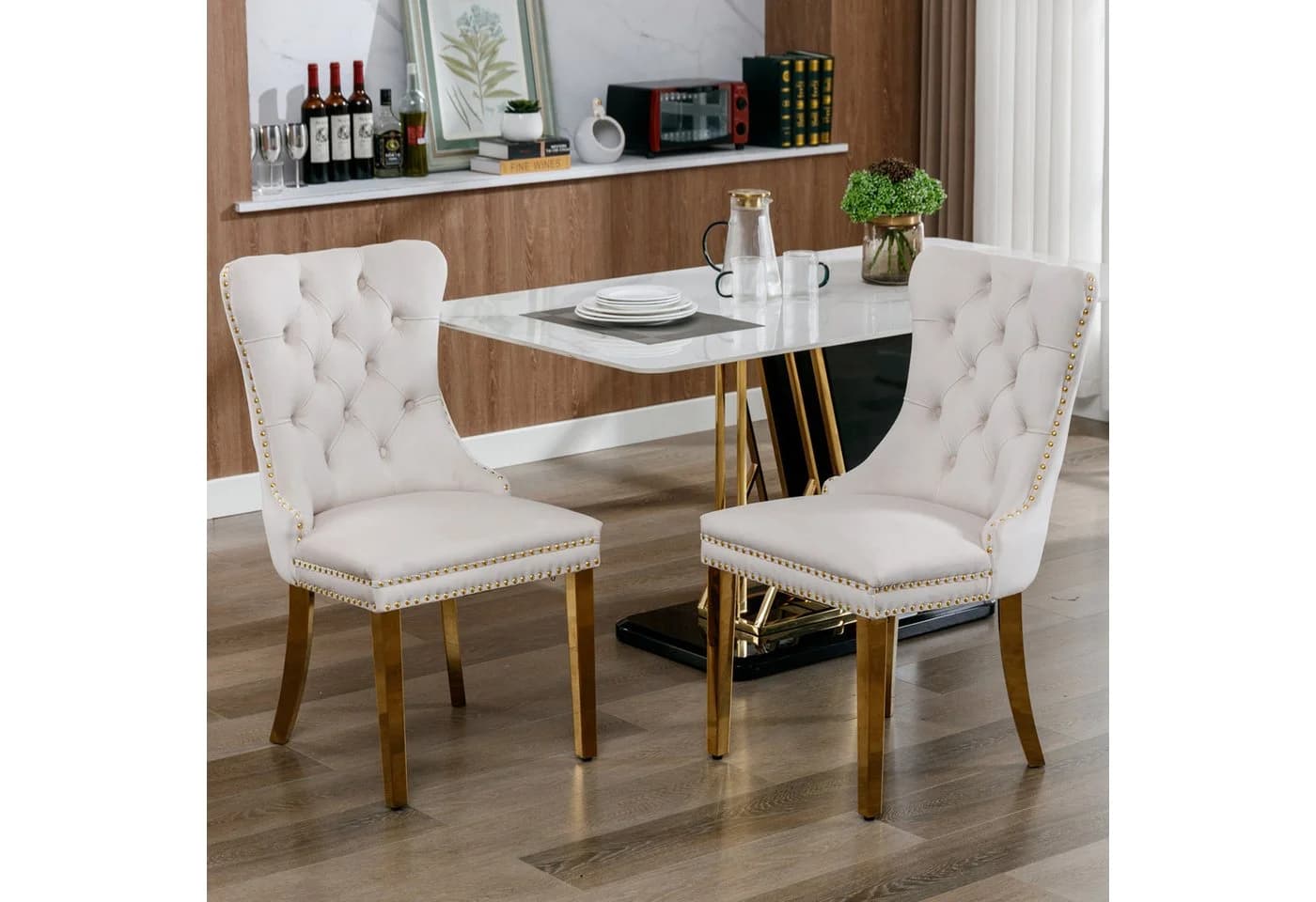 SeedWave Esszimmerstuhl 2er Set Beige Samt mit Ziernieten