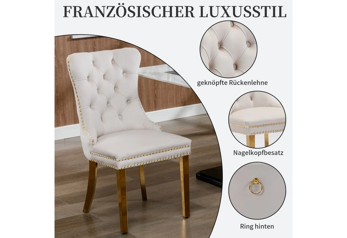 SeedWave Esszimmerstuhl 2er Set Beige Samt mit Ziernieten - Bild 3