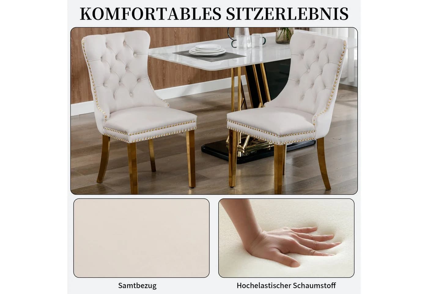 SeedWave Esszimmerstuhl 2er Set Beige Samt mit Ziernieten - Bild 4