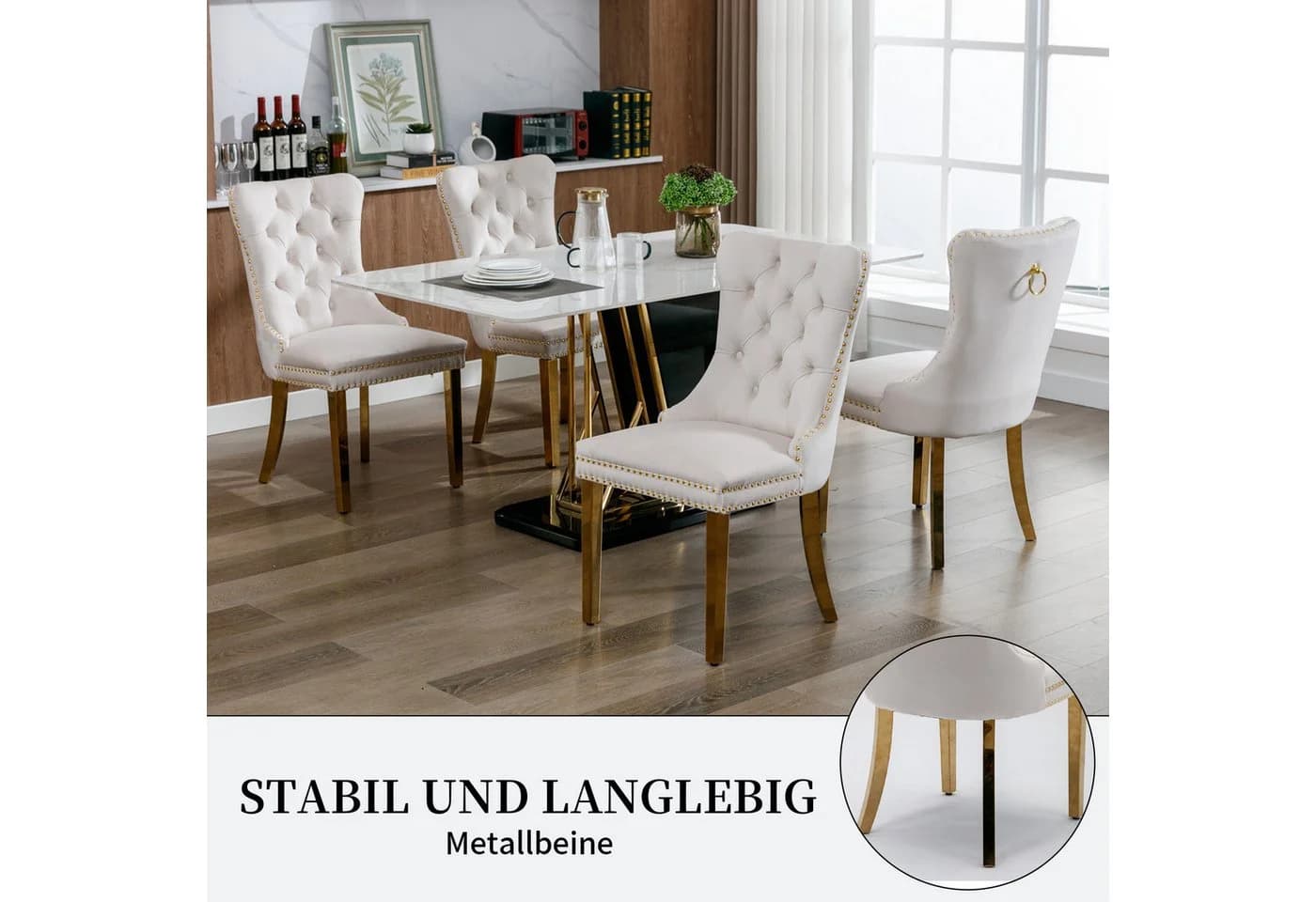 SeedWave Esszimmerstuhl 2er Set Beige Samt mit Ziernieten - Bild 5