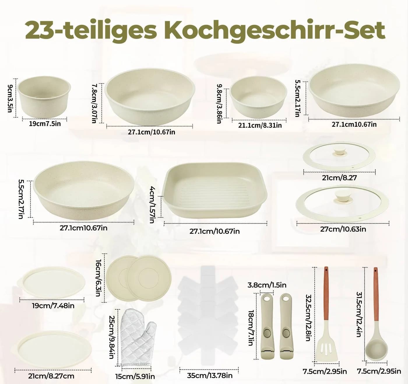 ElitVita Topf-Set 23-tlg. Beige Aluminiumguss Antihaft