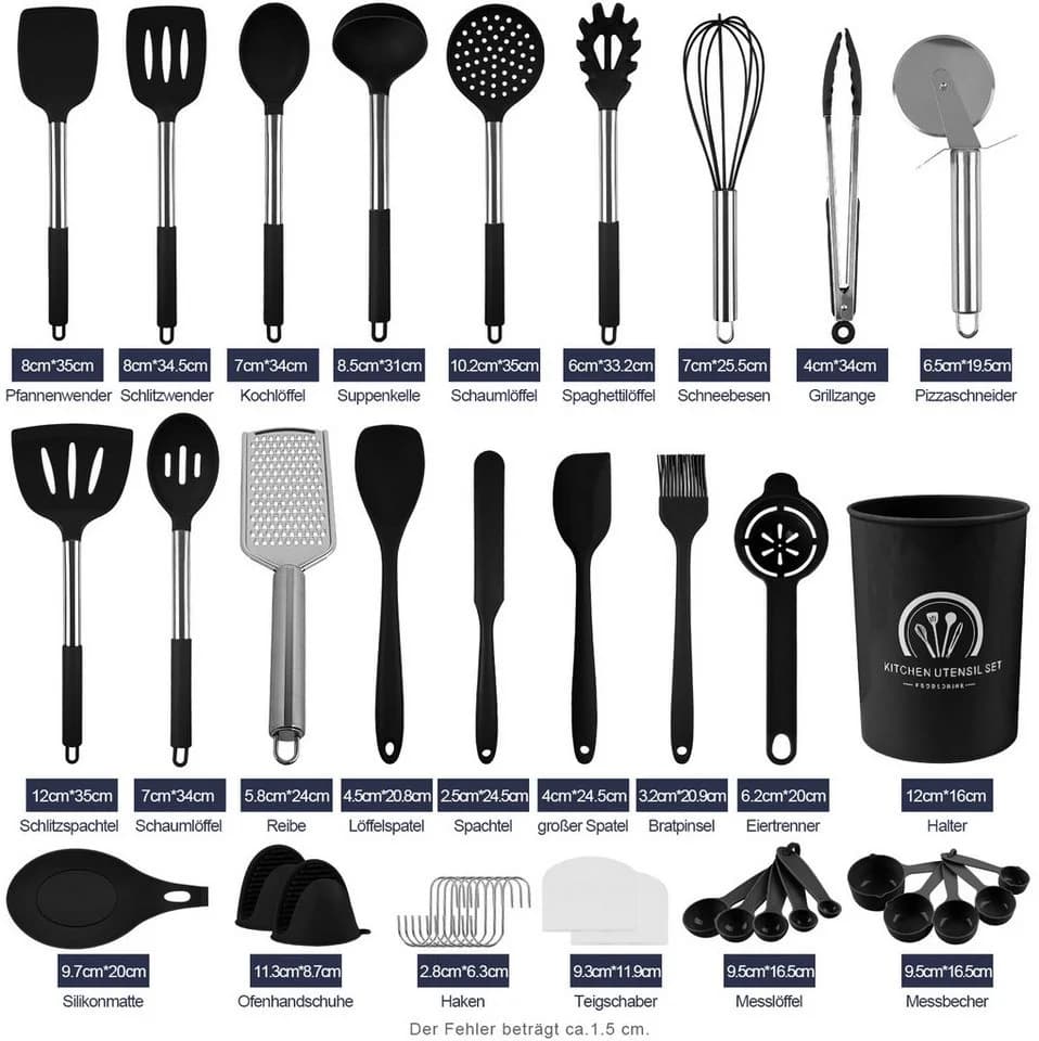 ElitVita 45-tlg. Kochbesteck-Set Schwarz Silikon Edelstahl