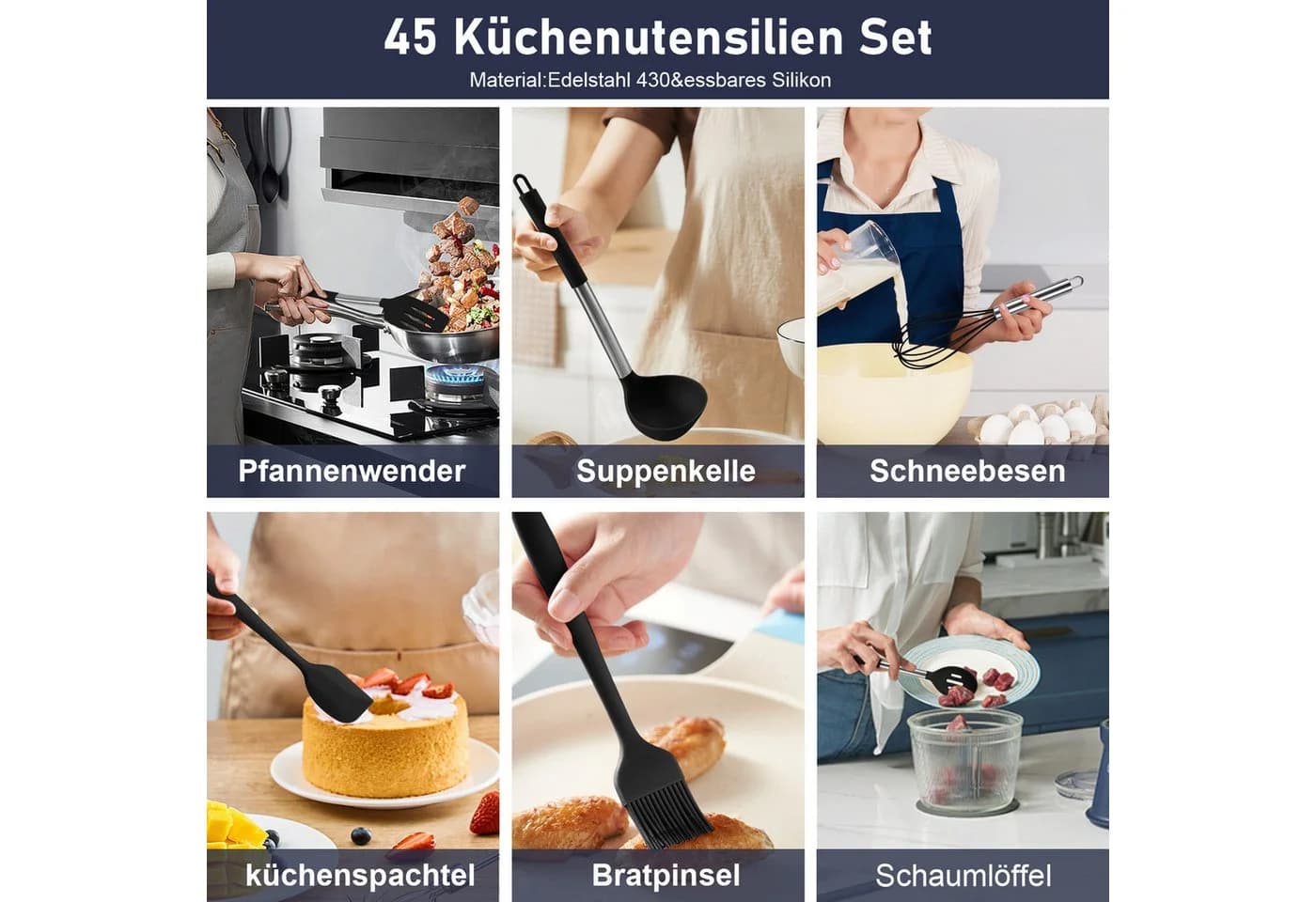 ElitVita 45-tlg. Kochbesteck-Set Schwarz Silikon Edelstahl - Bild 4
