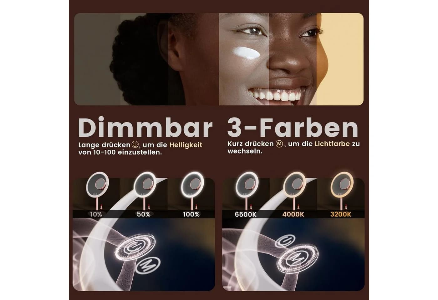 EMKE Kosmetikspiegel Macaron mit Beleuchtung 3 Lichtfarben Dimmbar 1X/3X 90°Drehbar USB Aufladbar