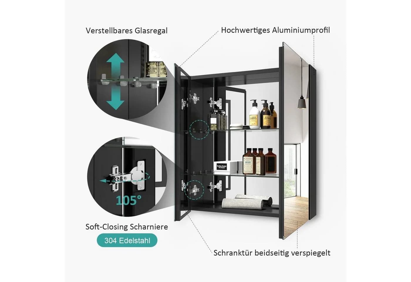 EMKE Spiegelschrank 60x65cm 2-türig Badezimmer Doppelseitiger Spiegel - Bild 3