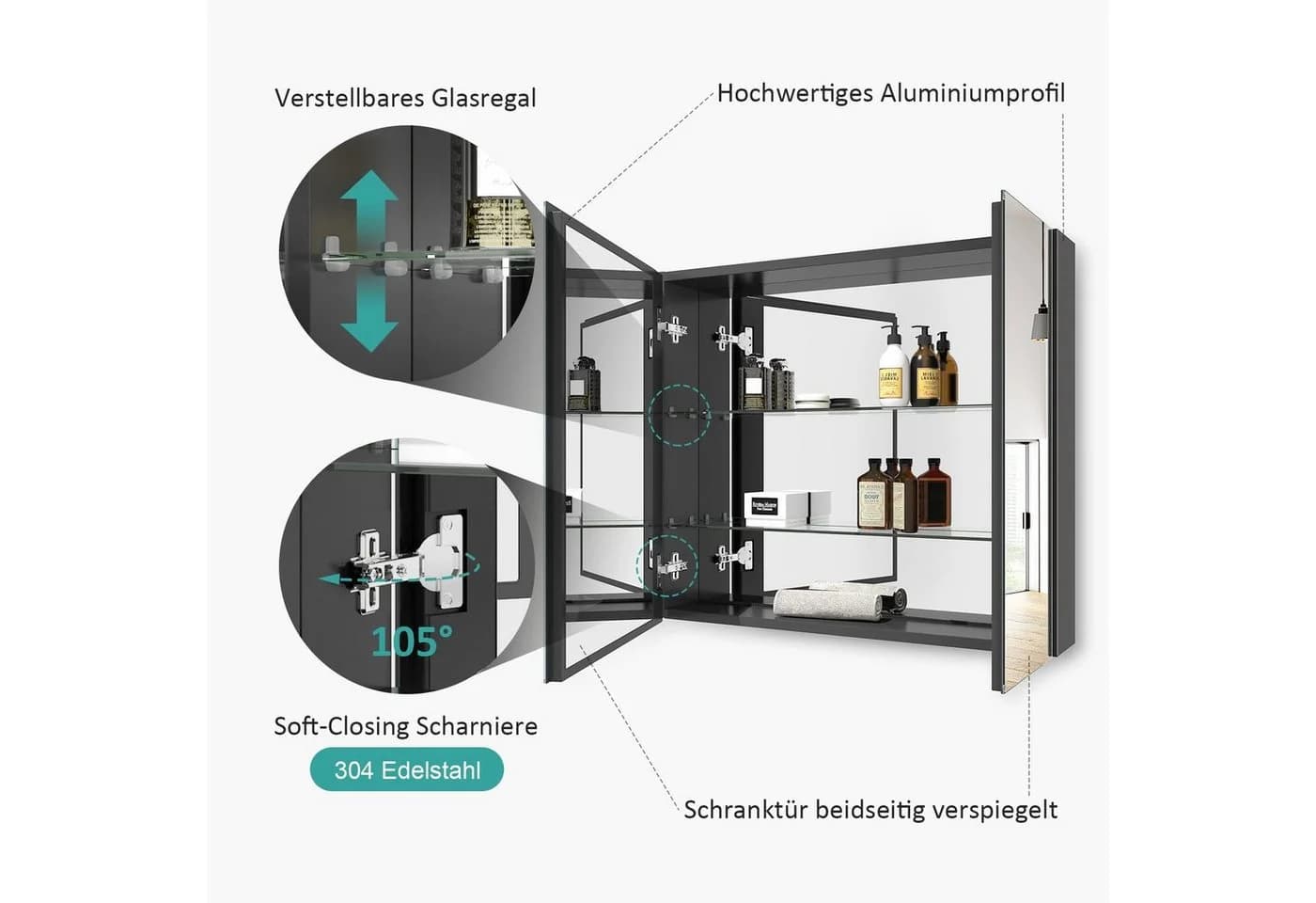 EMKE Spiegelschrank 2-türig 85x65 cm Verstellbare Glasregale - Bild 3
