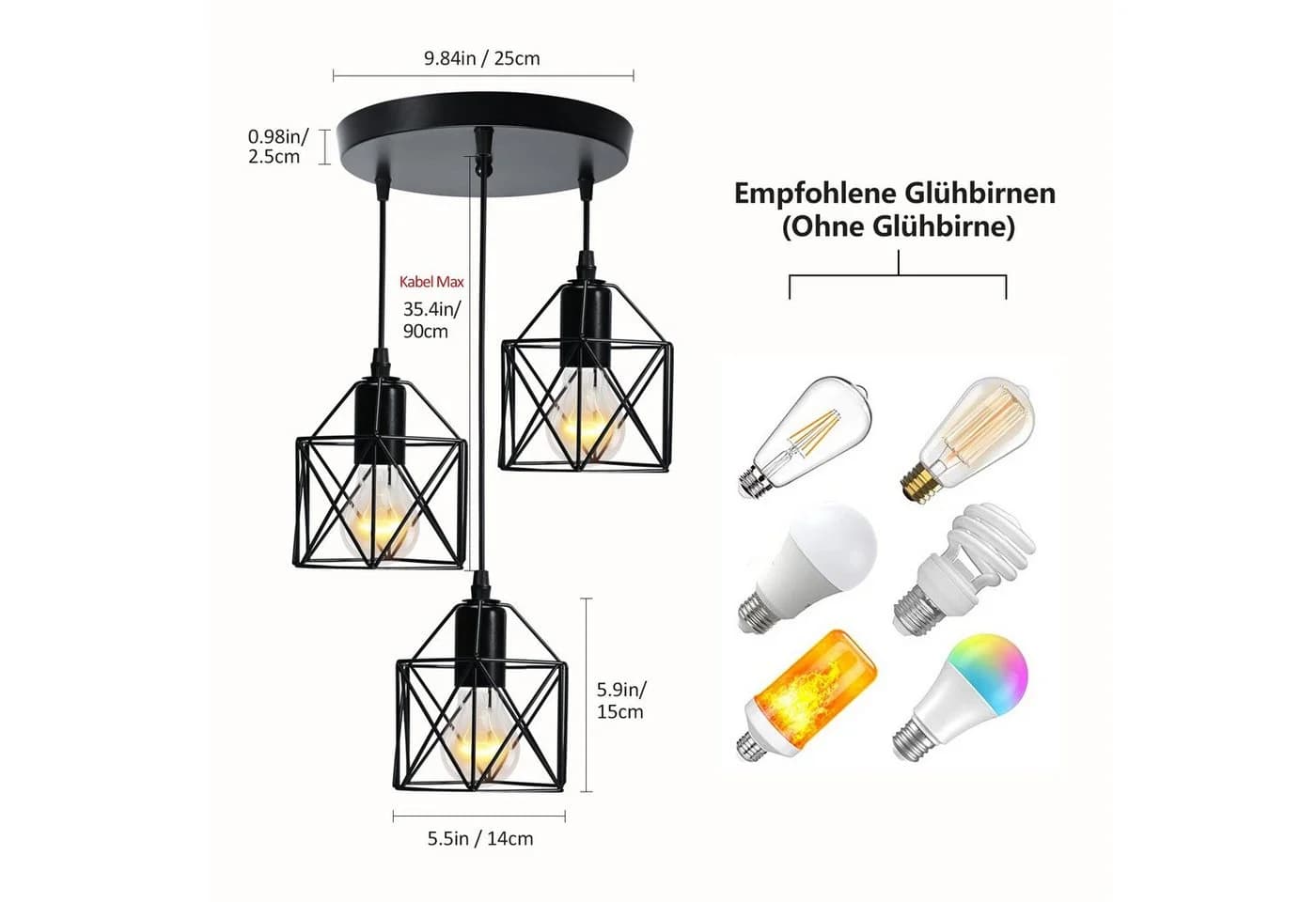 EMKE Pendelleuchte 3-flammig Industriell höhenverstellbar, E27-Fassung, Eisen Schwarz