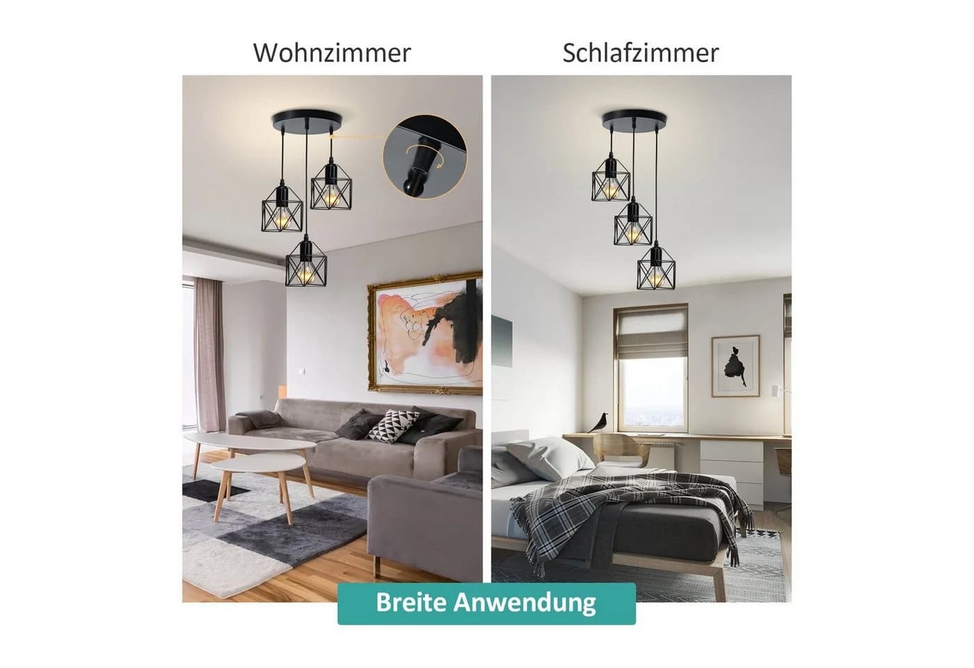 EMKE Pendelleuchte 3-flammig Industriell höhenverstellbar, E27-Fassung, Eisen Schwarz - Bild 3