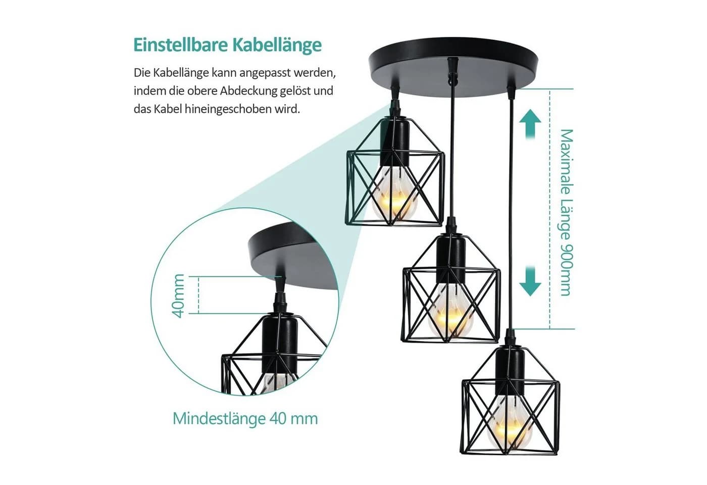 EMKE Pendelleuchte 3-flammig Industriell höhenverstellbar, E27-Fassung, Eisen Schwarz - Bild 4