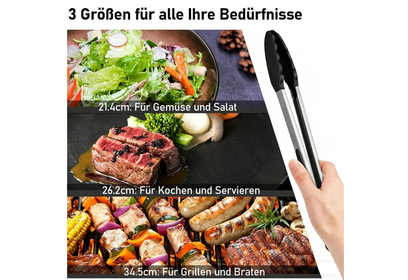 HUGERSTONE 3er Set Edelstahl Servierzange mit Silikonlaffen - Bild 5