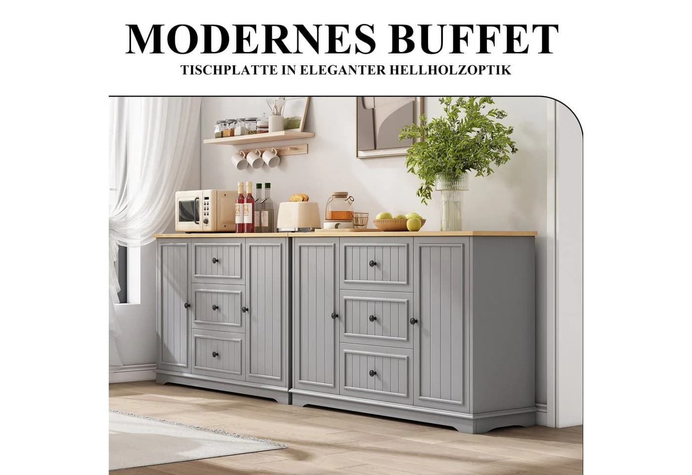 SeedWave Buffet Sideboard 126cm Grau mit Schubladen & Schranktüren