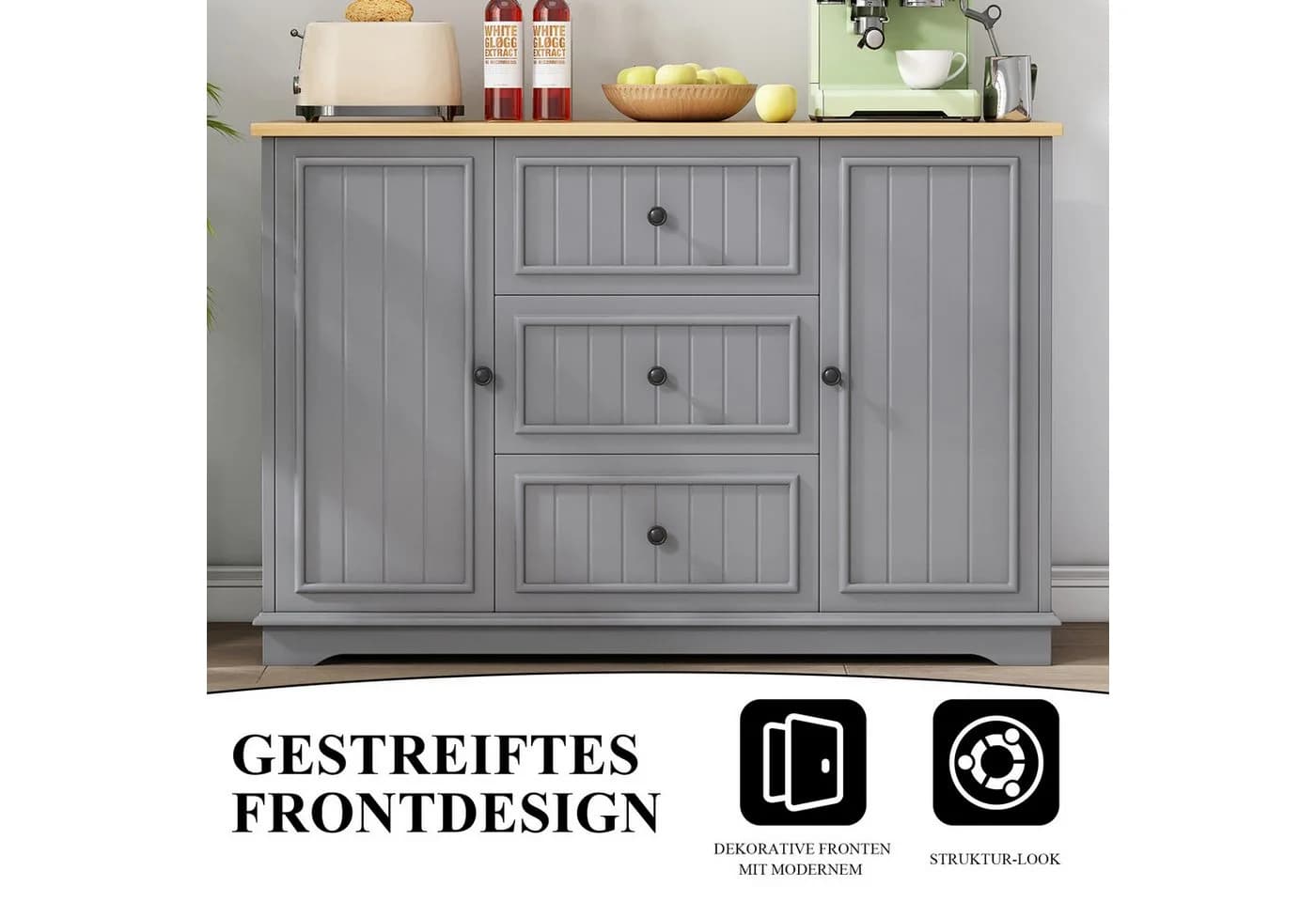 SeedWave Buffet Sideboard 126cm Grau mit Schubladen & Schranktüren - Bild 3