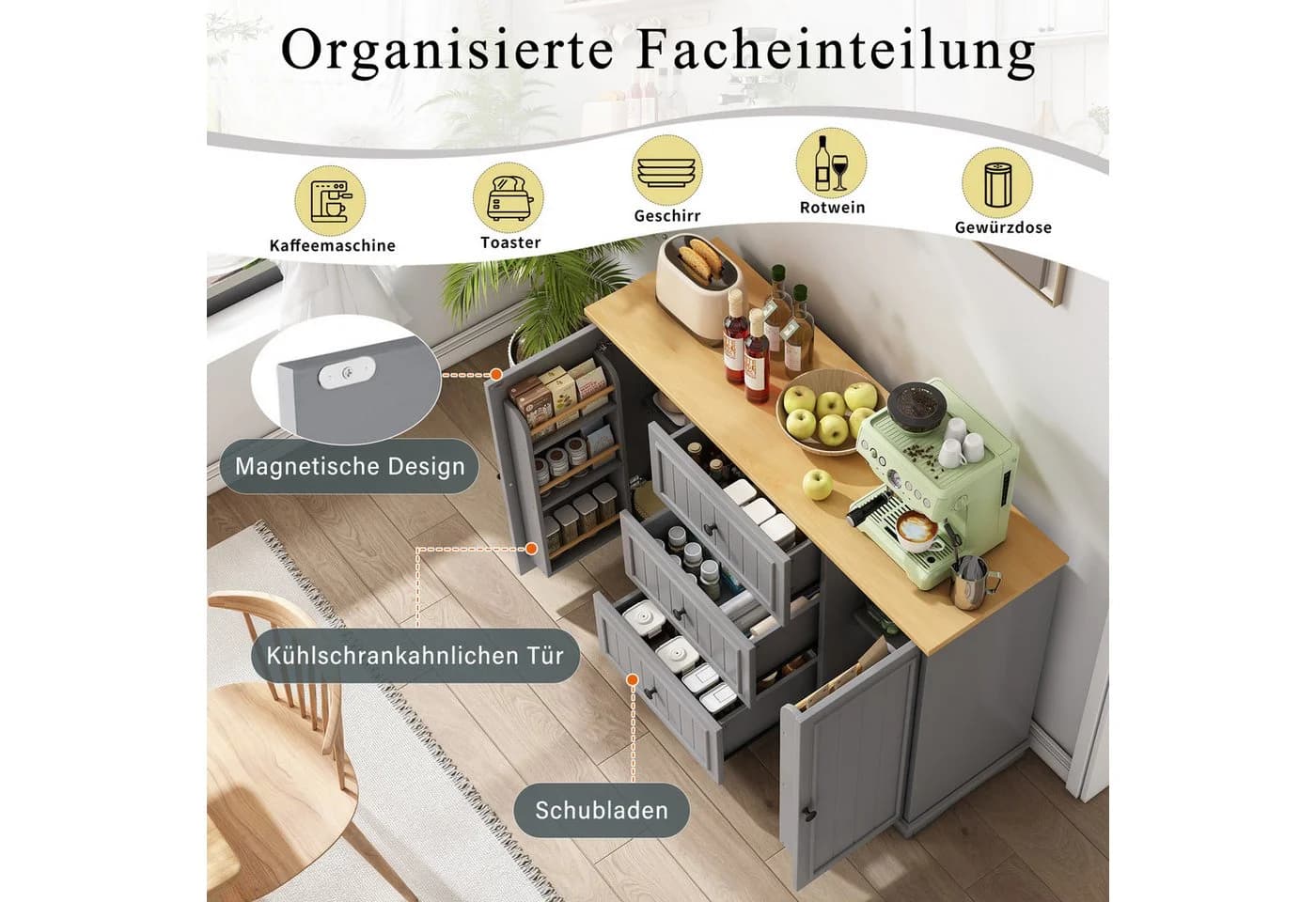 SeedWave Buffet Sideboard 126cm Grau mit Schubladen & Schranktüren - Bild 4