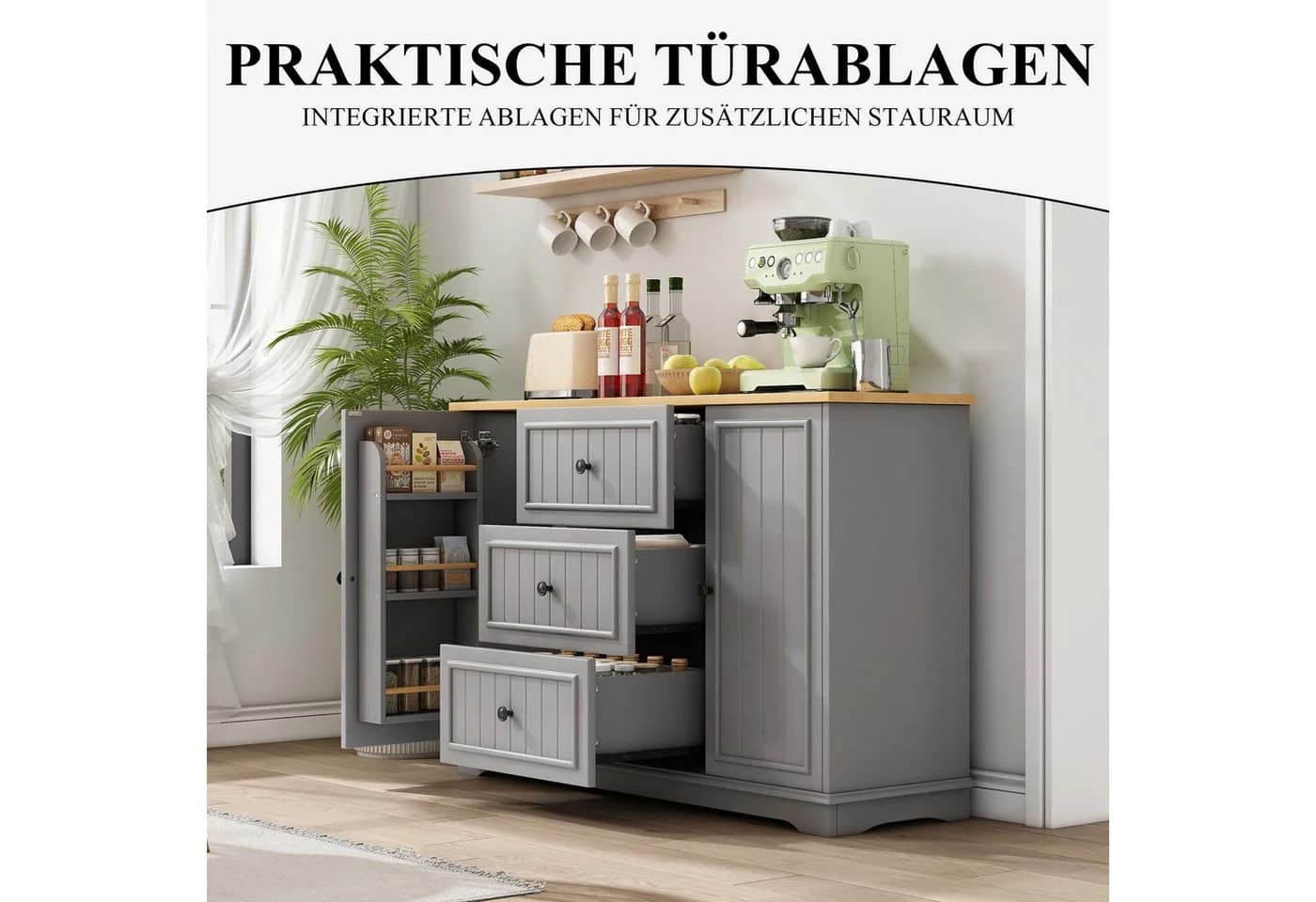 SeedWave Buffet Sideboard 126cm Grau mit Schubladen & Schranktüren - Bild 5