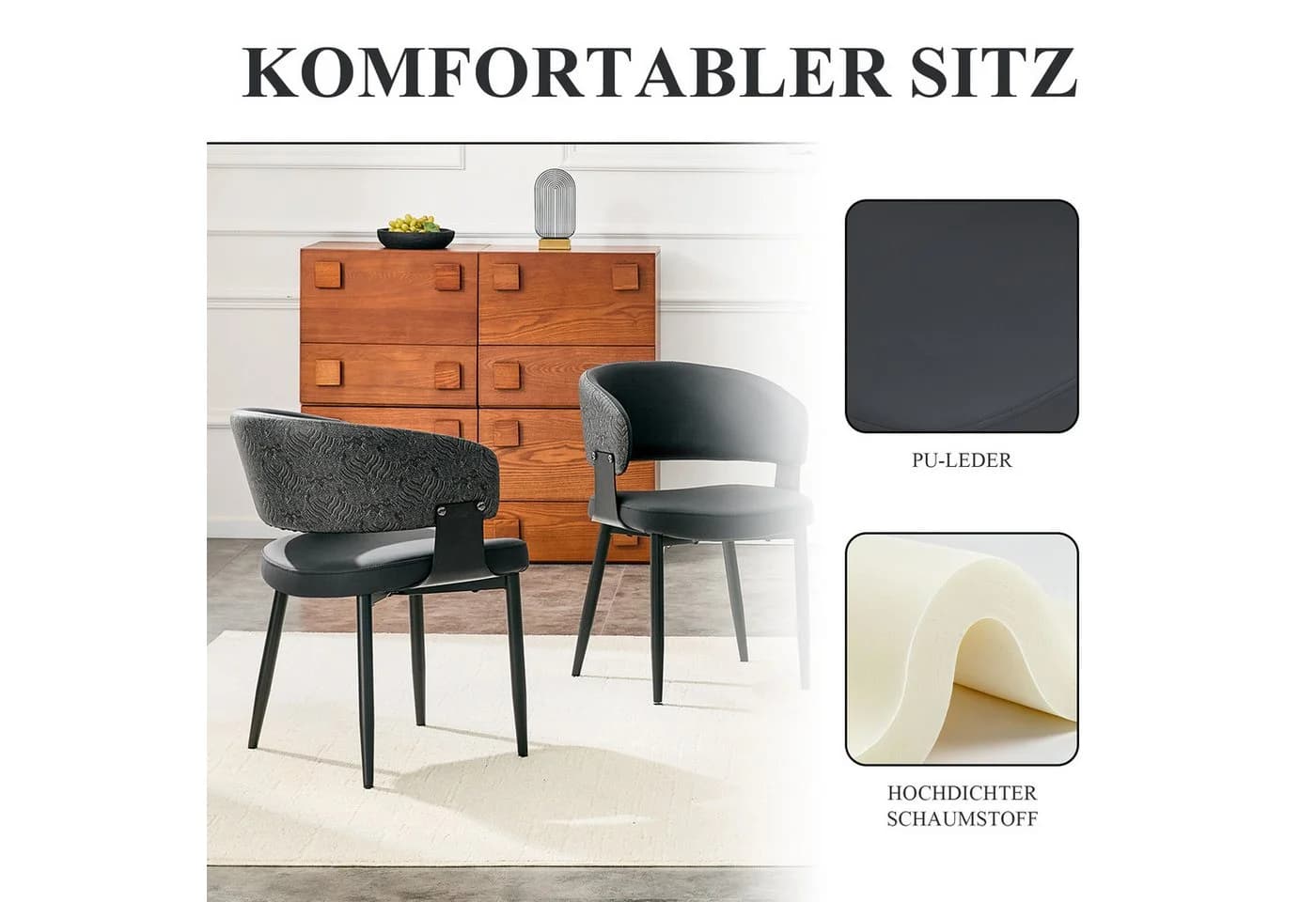SeedWave Esszimmerstuhl 2er Set Schwarz PU-Leder Metall - Bild 5