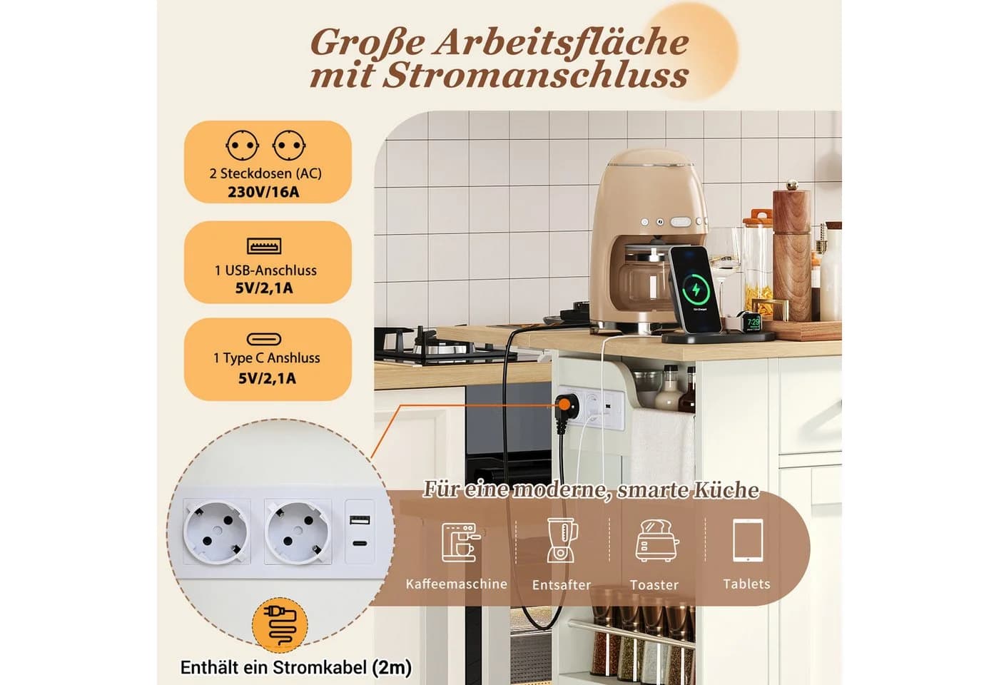 SeedWave Kücheninsel mit klappbarer Arbeitsplatte und Ladefunktion - Bild 4