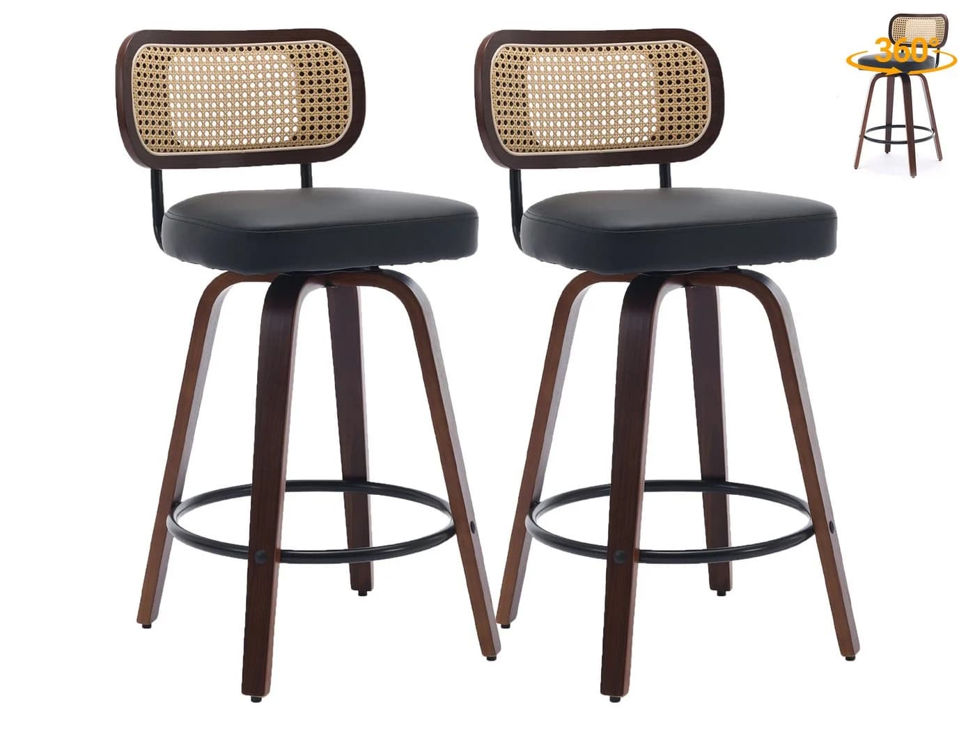 SeedWave Barhocker 2er Set Retro Drehhocker Rattan PU-Leder Walnussholz - Bild 2