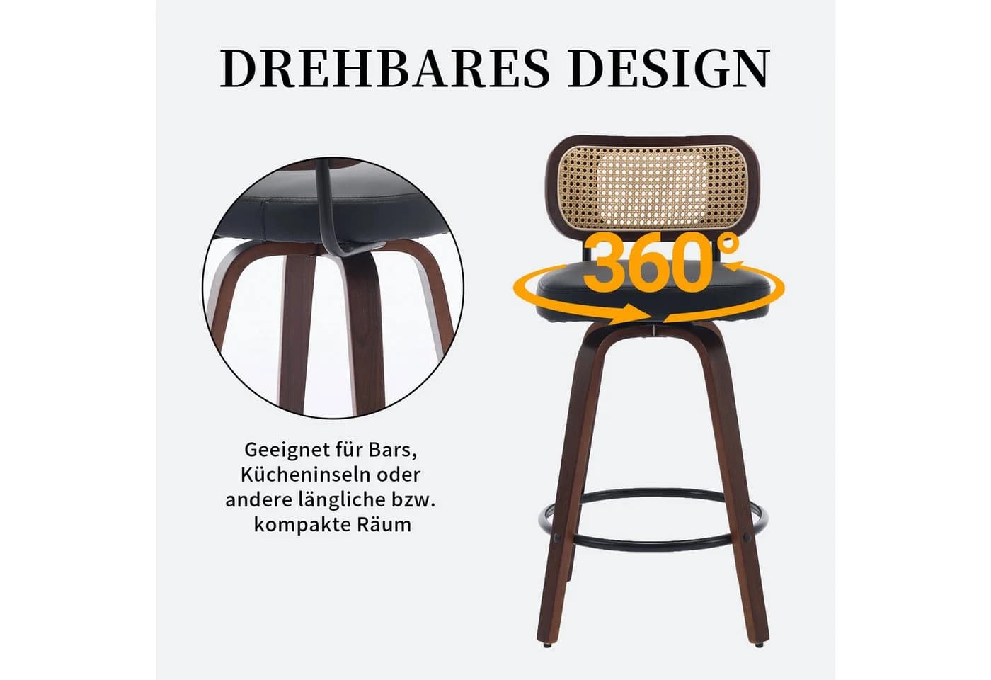 SeedWave Barhocker 2er Set Retro Drehhocker Rattan PU-Leder Walnussholz - Bild 3