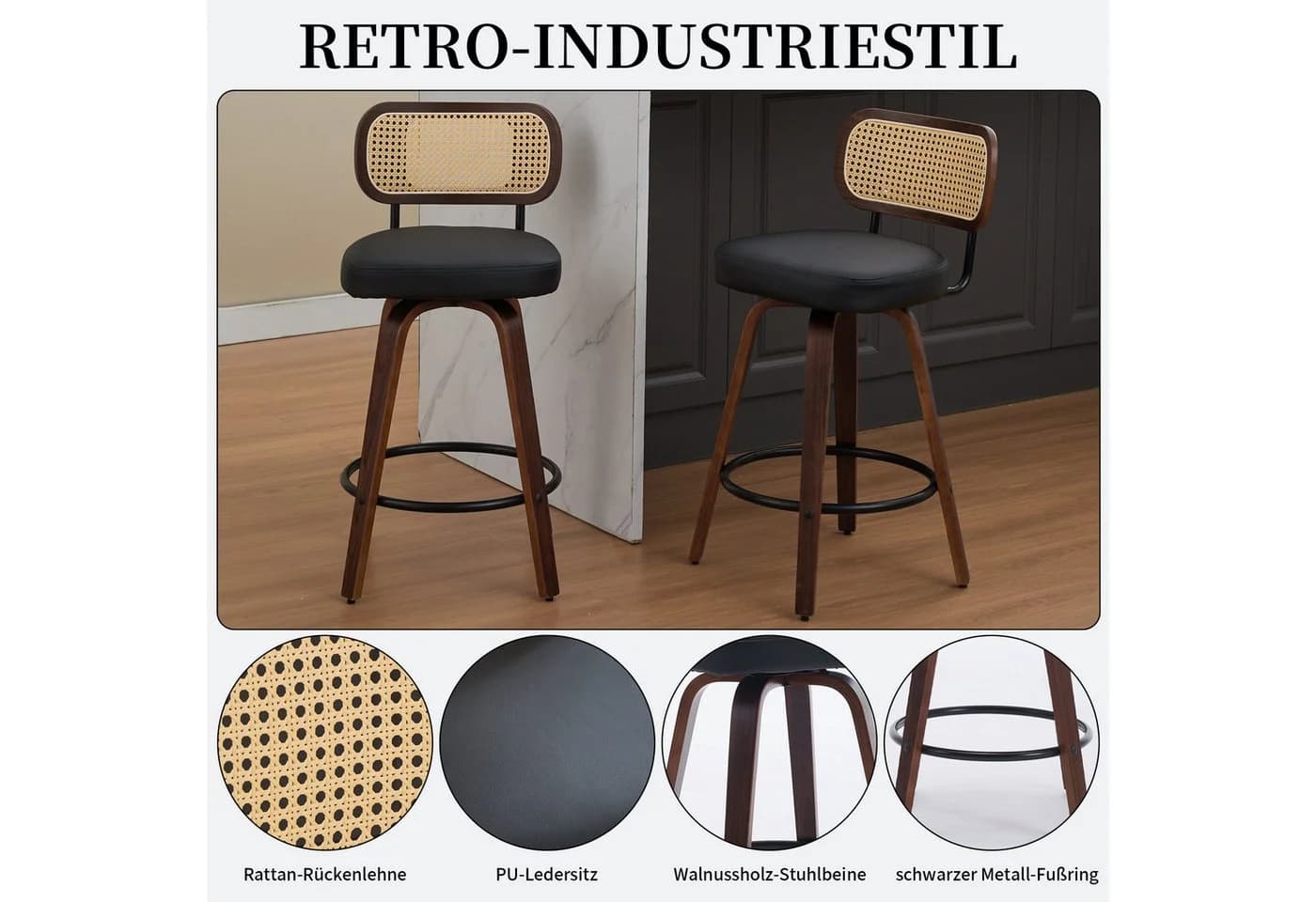 SeedWave Barhocker 2er Set Retro Drehhocker Rattan PU-Leder Walnussholz - Bild 4