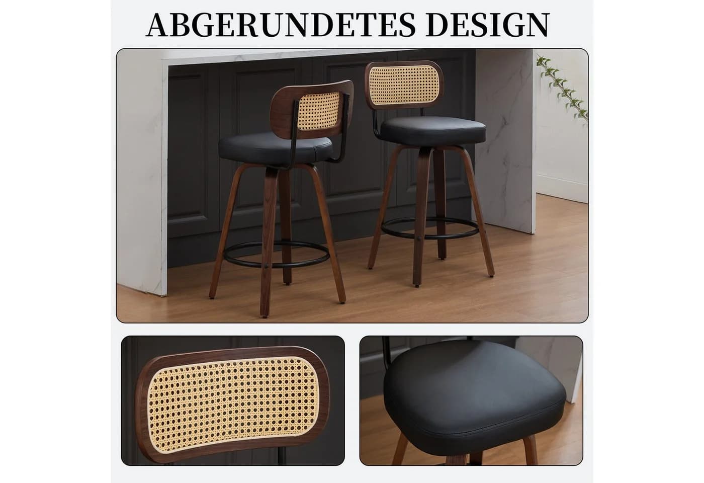 SeedWave Barhocker 2er Set Retro Drehhocker Rattan PU-Leder Walnussholz - Bild 5