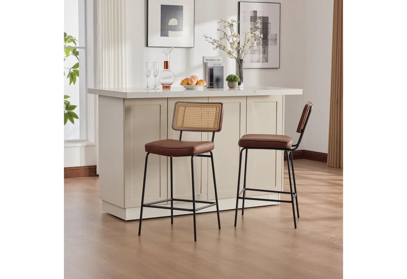 SeedWave Barhocker 2er Set Vintage PE-Rattan Kunstleder Metallgestell