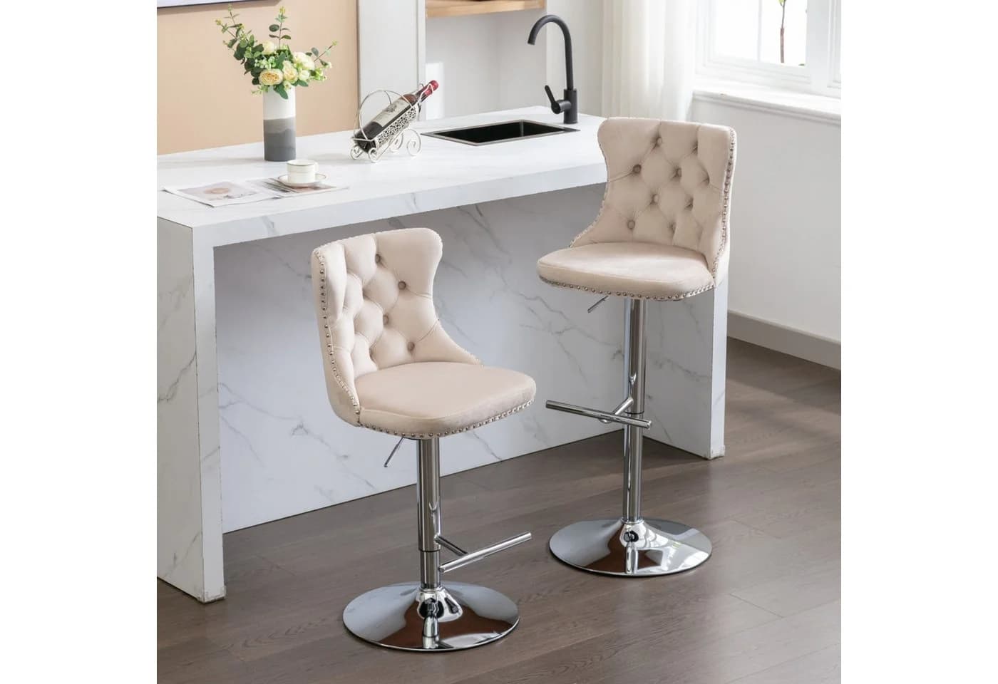 SeedWave Barhocker 2er Set Beige Samt Höhenverstellbar