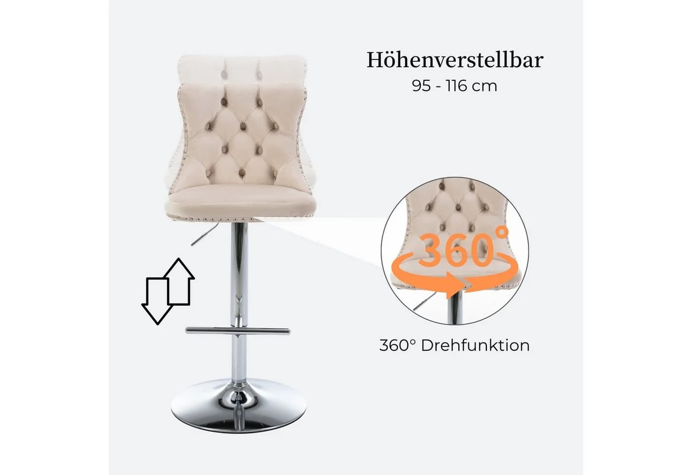 SeedWave Barhocker 2er Set Beige Samt Höhenverstellbar - Bild 3