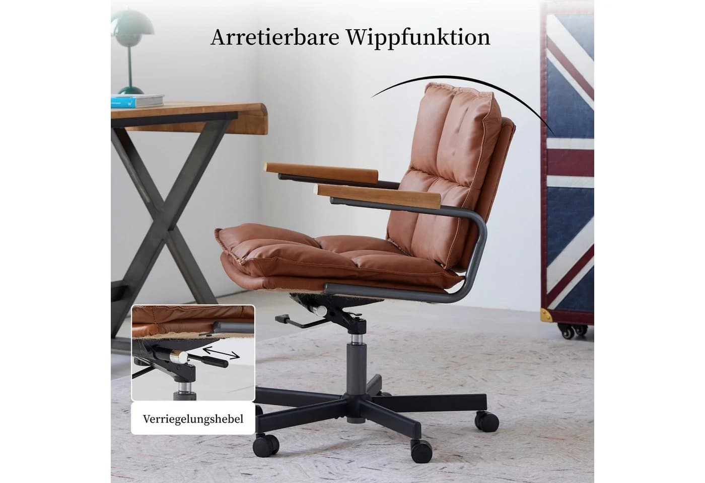 SeedWave Bürostuhl Industrial Design Echtleder Eichenholz-Armlehnen braun - Bild 5