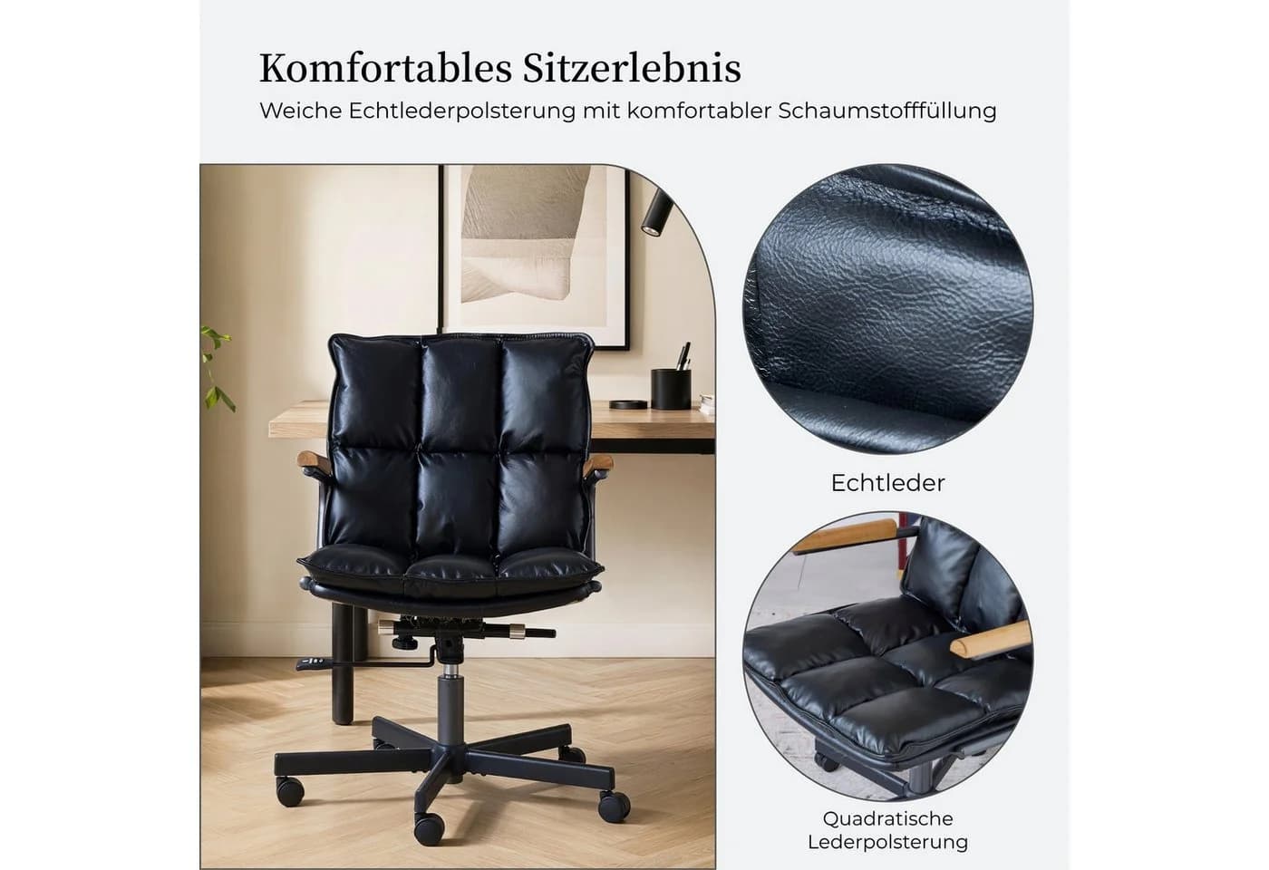 SeedWave Bürostuhl Echtleder Höhenverstellbar mit Eichenholz-Armlehnen Schwarz - Bild 3