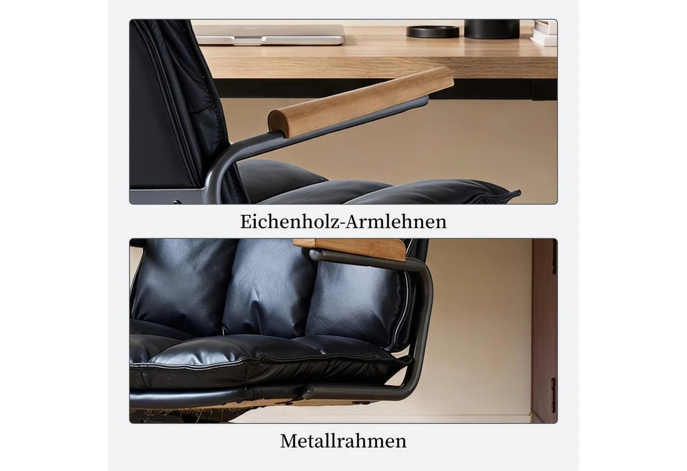 SeedWave Bürostuhl Echtleder Höhenverstellbar mit Eichenholz-Armlehnen Schwarz - Bild 4