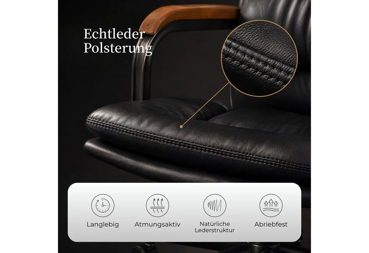 SeedWave Chefsessel Echtleder Industrial-Stil mit Holz-Armlehnen - Bild 4