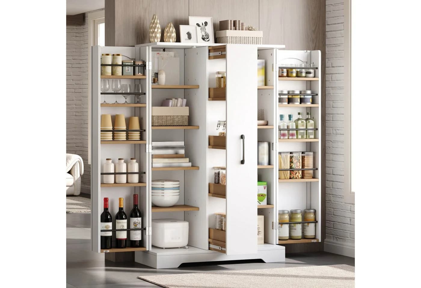 SeedWave Buffet Küchenschrank Weiß mit Türregal & 4-stufigem Auszug