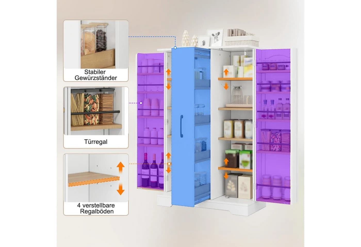 SeedWave Buffet Küchenschrank Weiß mit Türregal & 4-stufigem Auszug - Bild 3