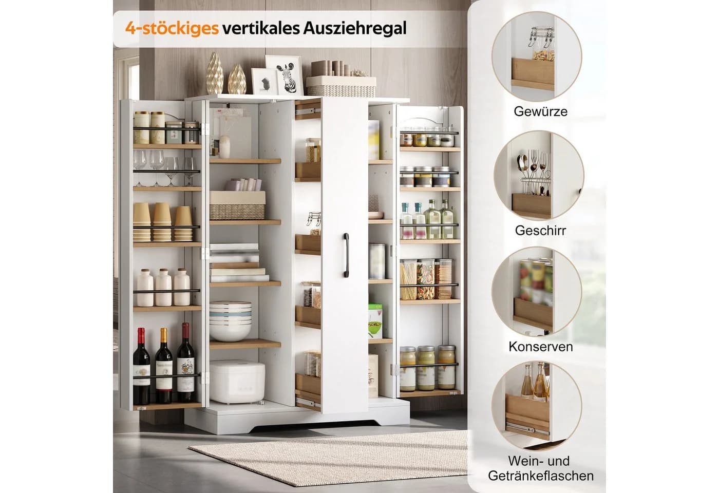 SeedWave Buffet Küchenschrank Weiß mit Türregal & 4-stufigem Auszug - Bild 4