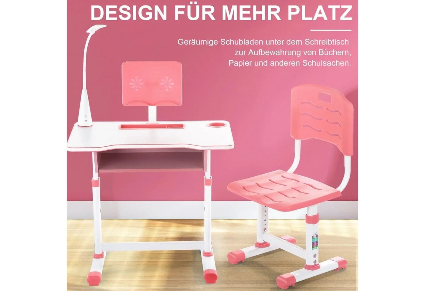 WILGOON Kinderschreibtisch Rosa Höhenverstellbar mit Stuhl & Schublade - Bild 3