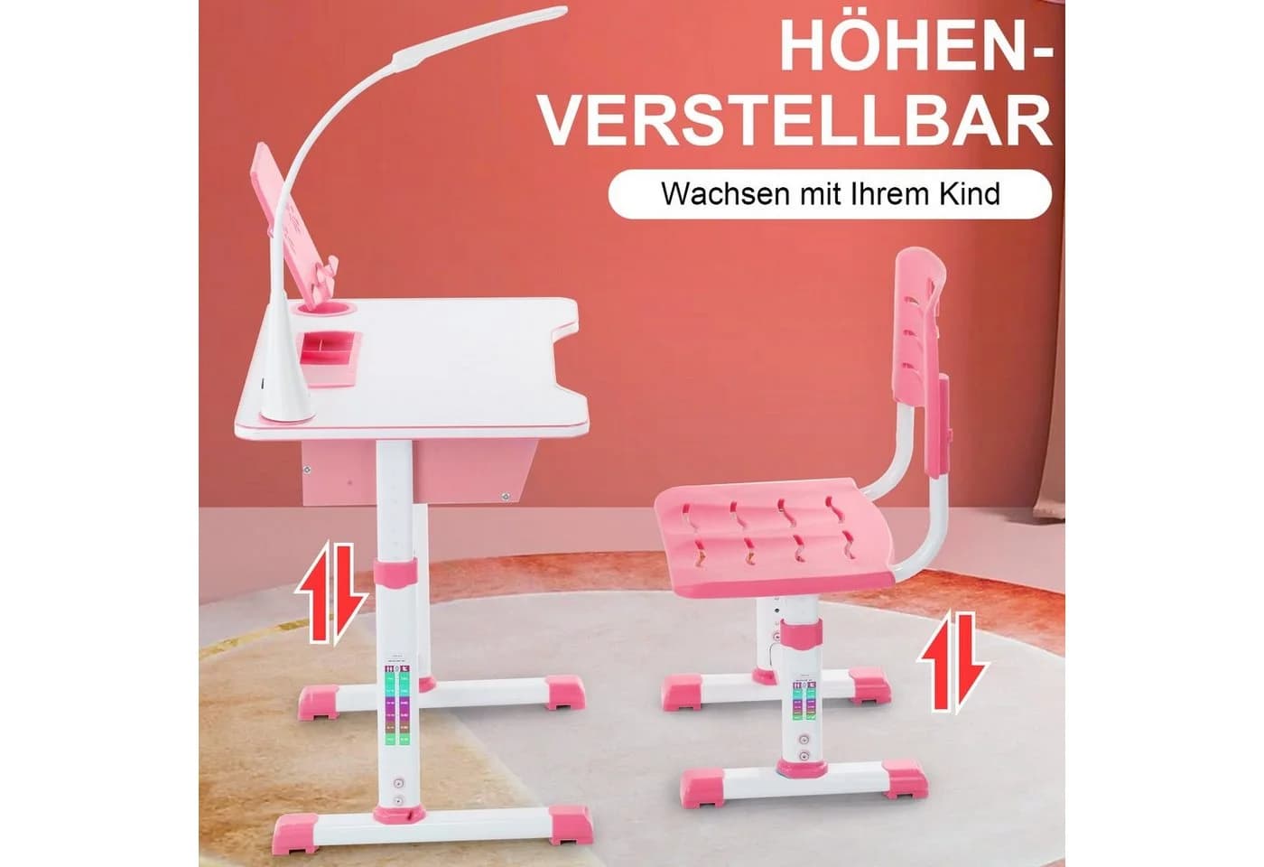 WILGOON Kinderschreibtisch Rosa Höhenverstellbar mit Stuhl & Schublade - Bild 4