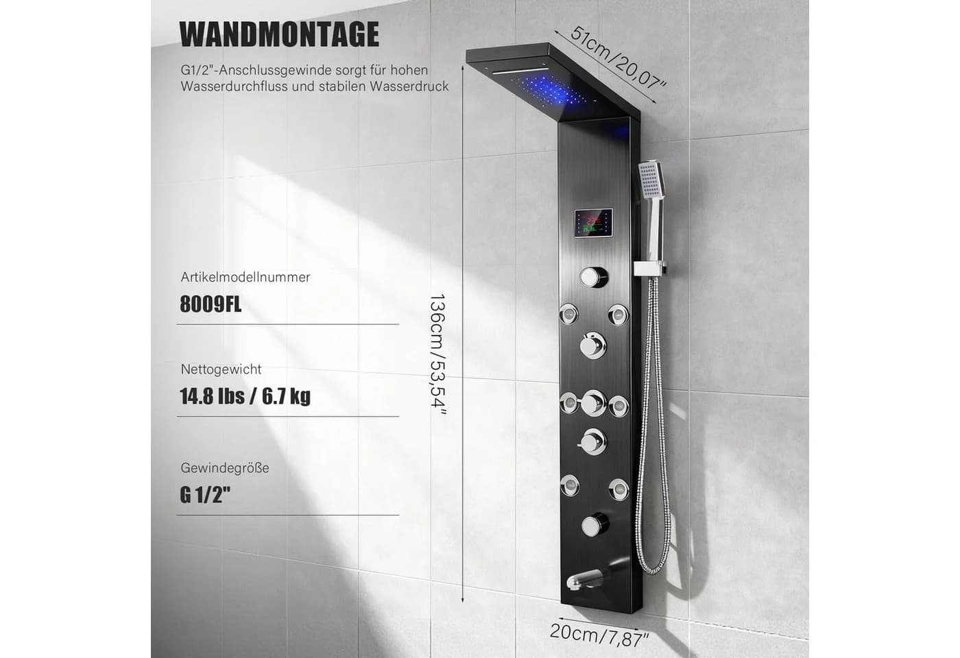 OYAJIA Duschpaneel 136 cm 5 Strahlarten Massage LED-Display