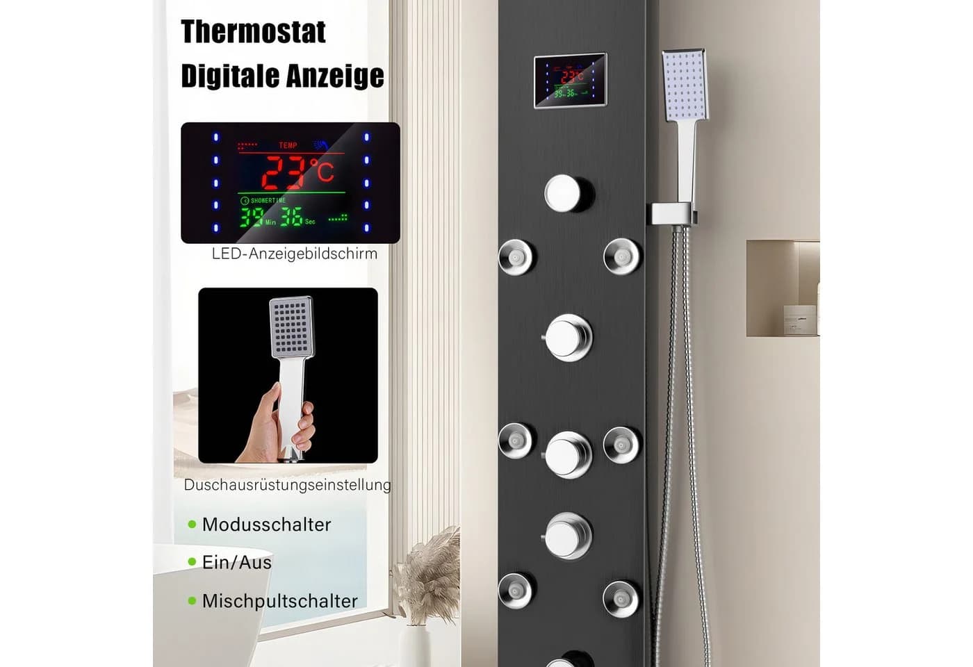 OYAJIA Duschpaneel 136 cm 5 Strahlarten Massage LED-Display - Bild 5