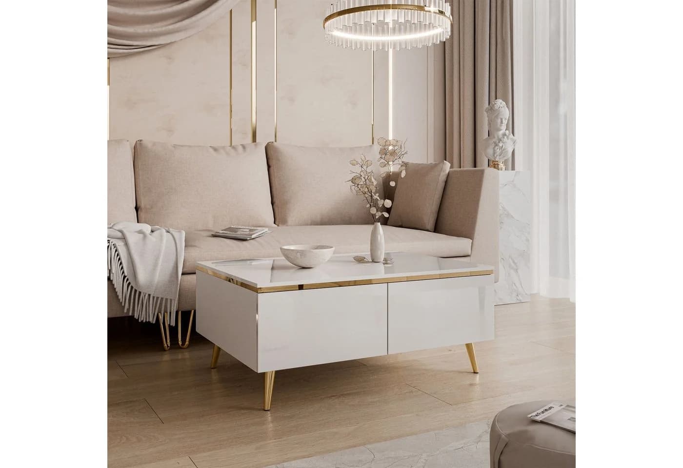 ALLHOUSE24 Couchtisch PEONY weiß Hochglanz mit Stauraum und Goldchrom-Beinen
