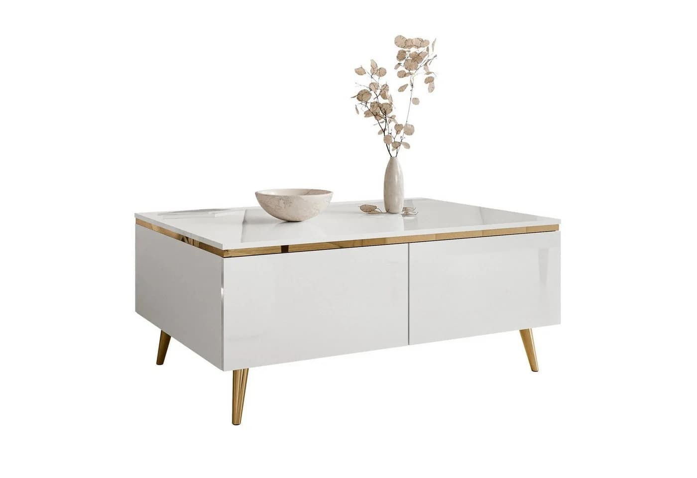 ALLHOUSE24 Couchtisch PEONY weiß Hochglanz mit Stauraum und Goldchrom-Beinen - Bild 2