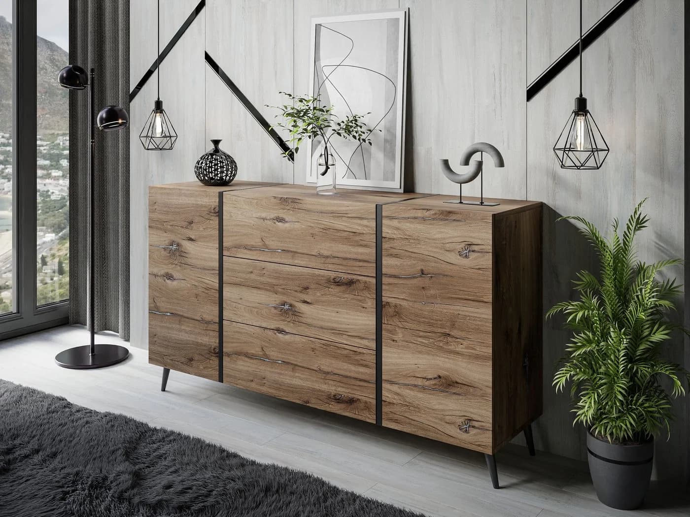 ALLHOUSE24 Wohnzimmer-Set Flagstaff Eiche Schwarz 3-tlg.