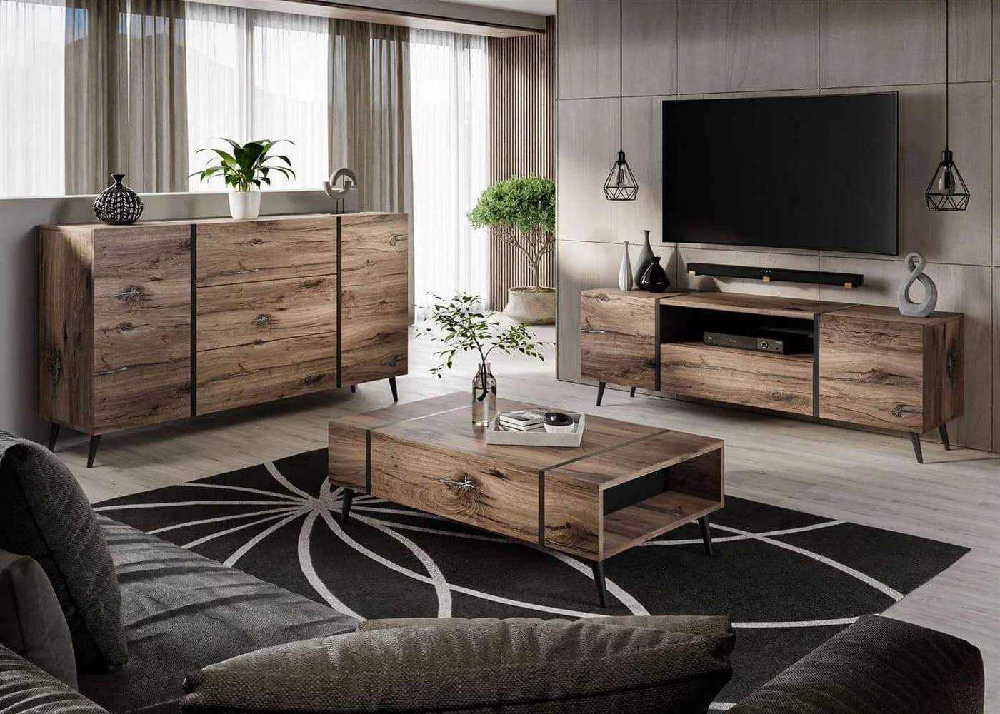 ALLHOUSE24 Wohnzimmer-Set Flagstaff Eiche Schwarz 3-tlg. - Bild 2