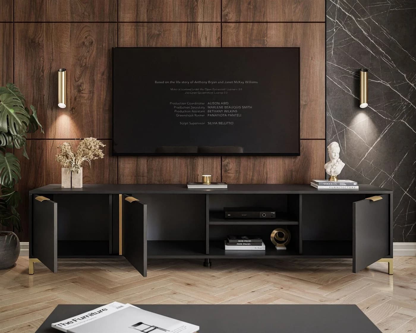 ALLHOUSE24 Lowboard LARA II Anthrazit mit goldenen Griffen TV Schrank