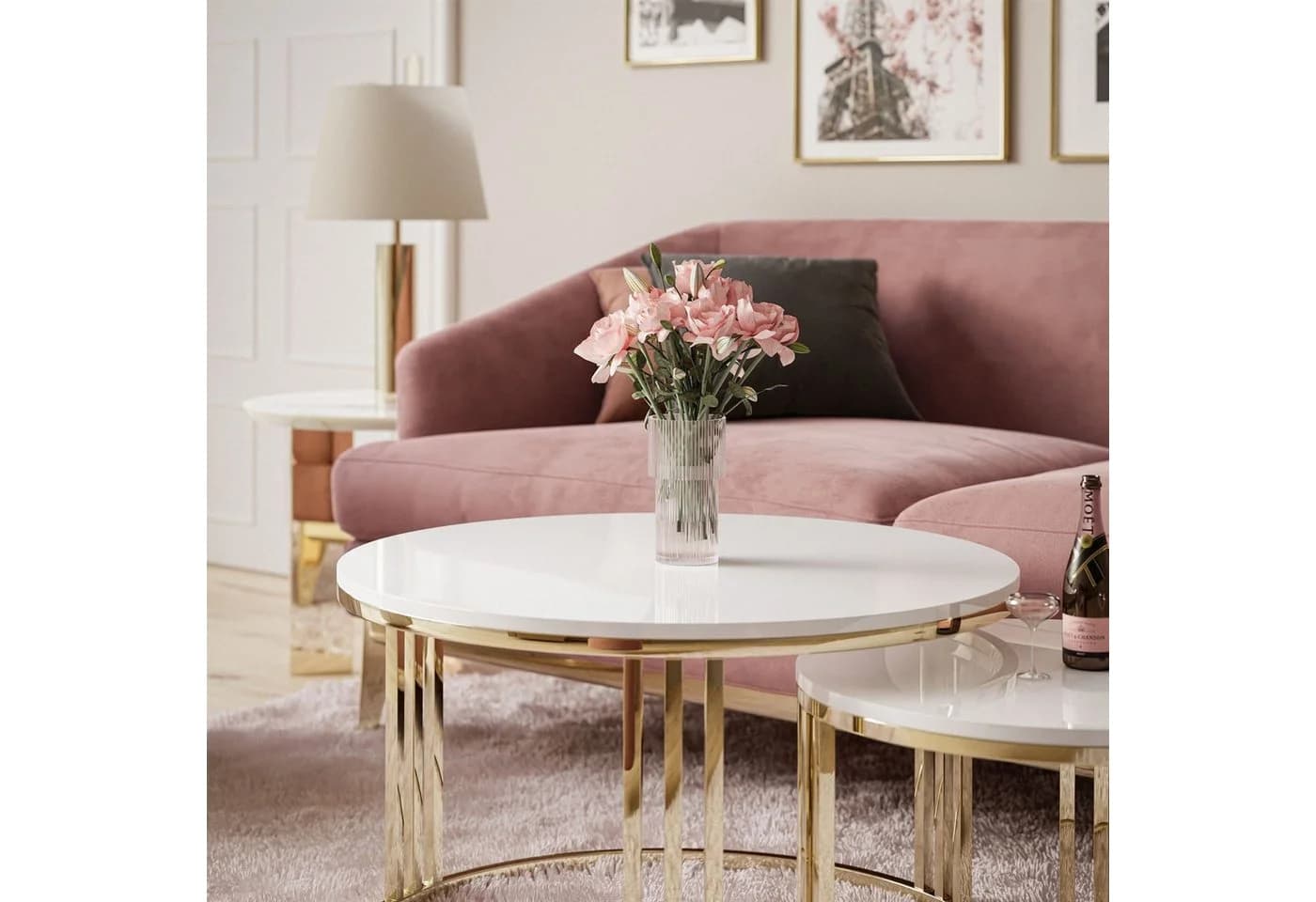 ALLHOUSE24 Couchtisch PEONY 2 in 1 GOLD Hochglanz runder Tisch