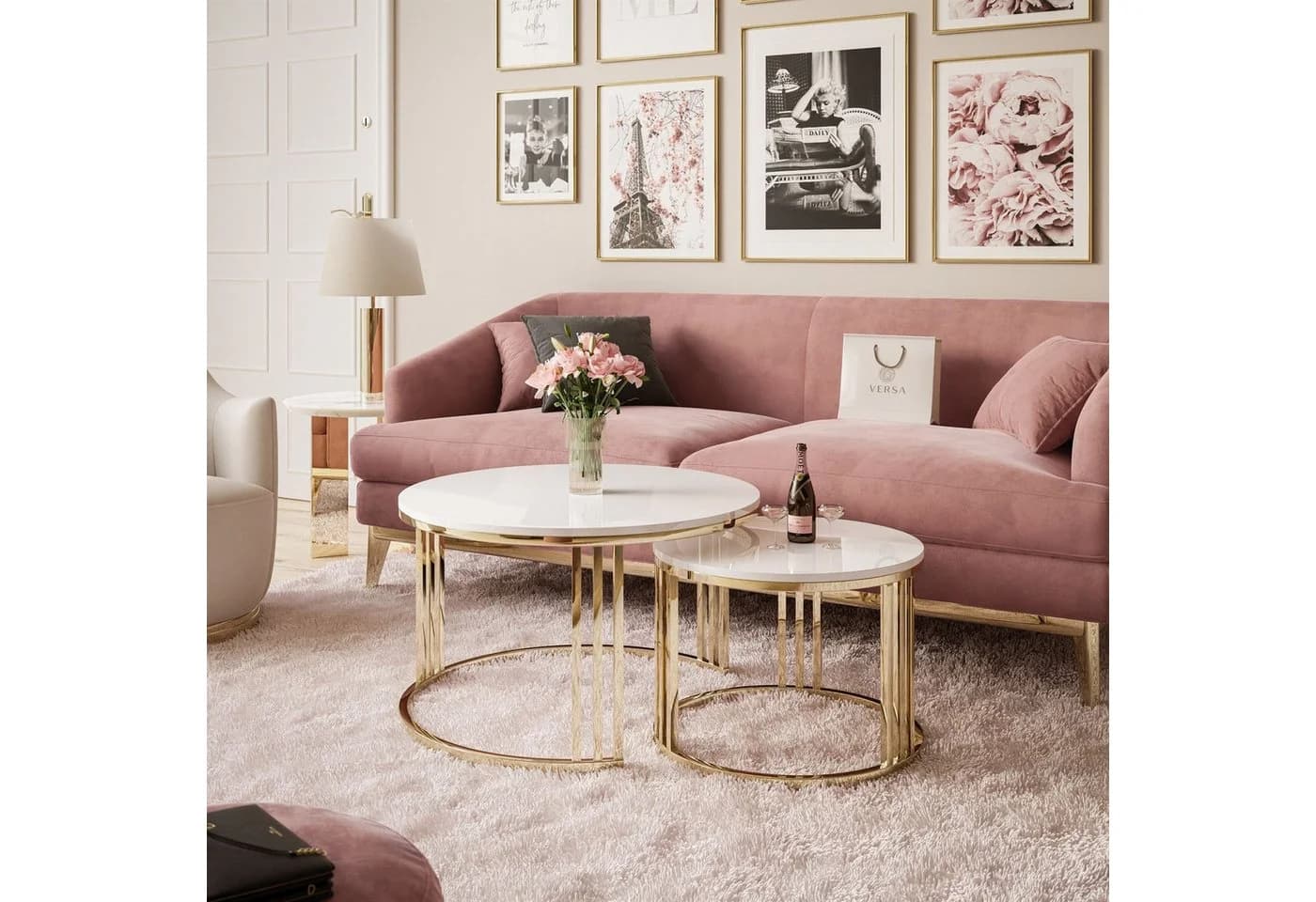 ALLHOUSE24 Couchtisch PEONY 2 in 1 GOLD Hochglanz runder Tisch - Bild 2