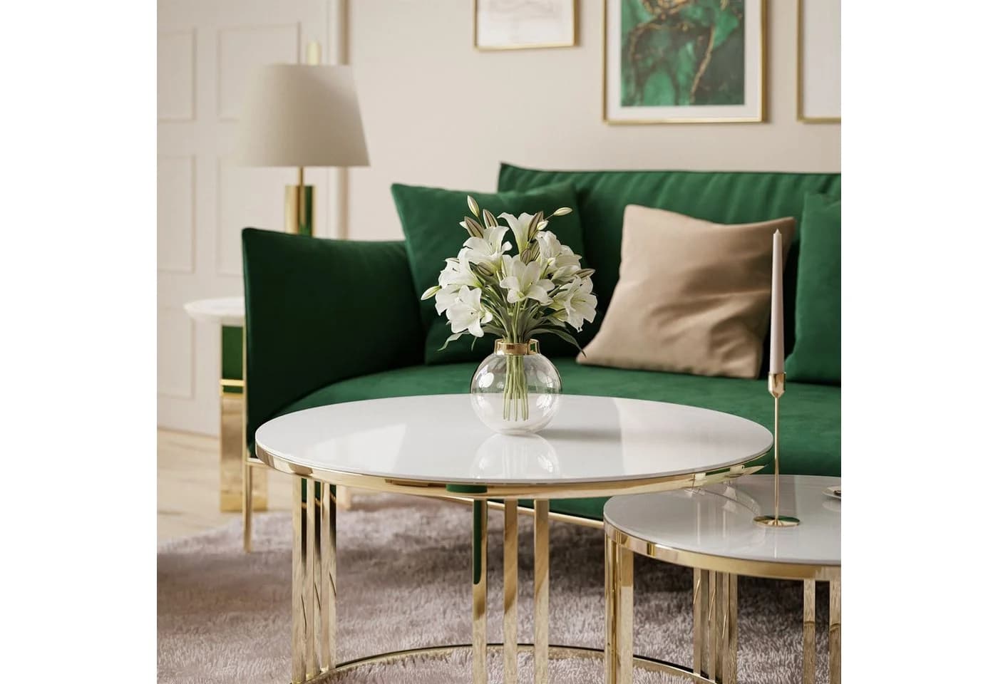 ALLHOUSE24 Couchtisch PEONY 2in1 Glas Rund Gold Chrom Metallgestell 2er Set