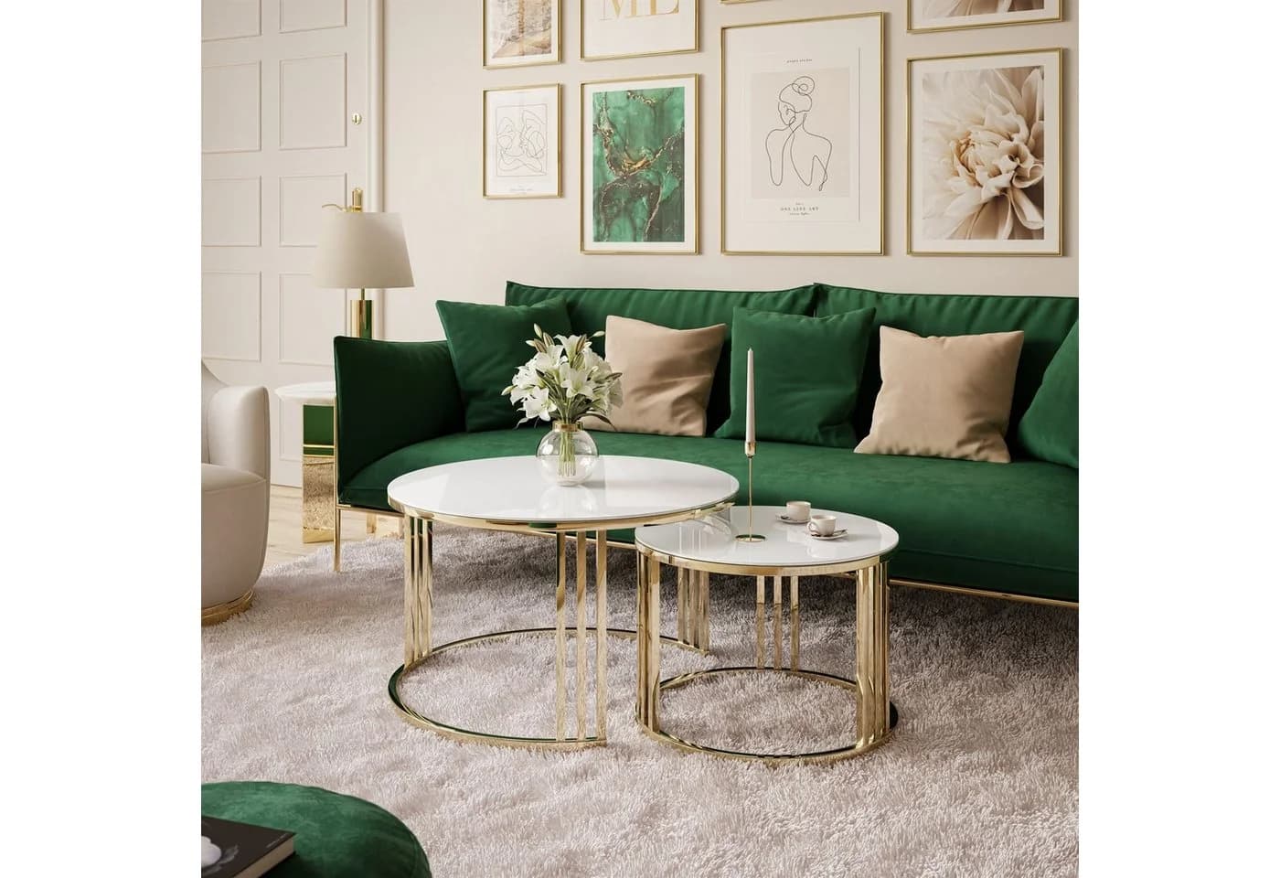 ALLHOUSE24 Couchtisch PEONY 2in1 Glas Rund Gold Chrom Metallgestell 2er Set - Bild 2