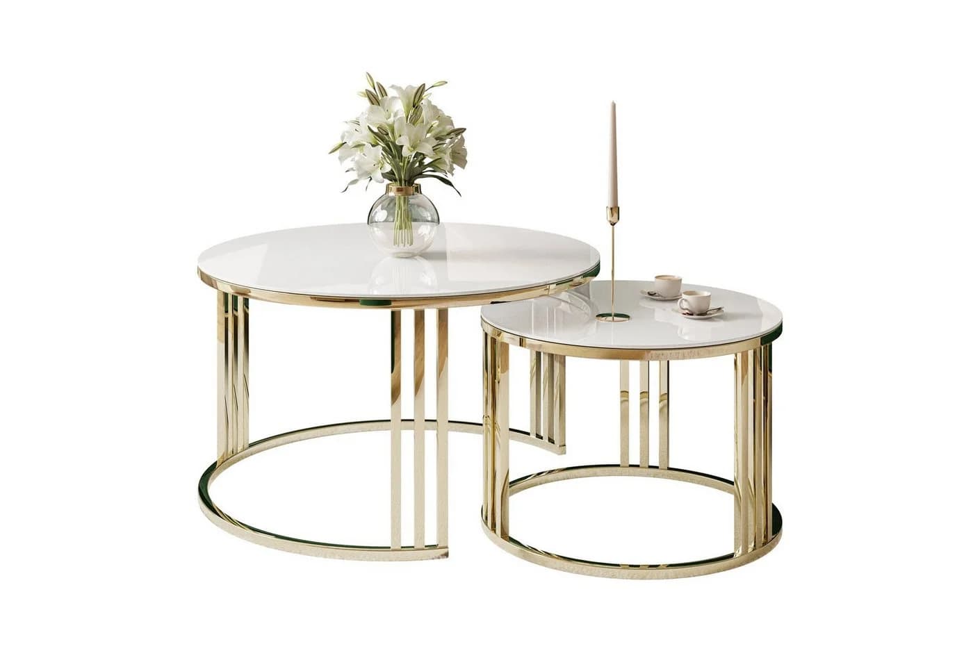 ALLHOUSE24 Couchtisch PEONY 2in1 Glas Rund Gold Chrom Metallgestell 2er Set - Bild 4